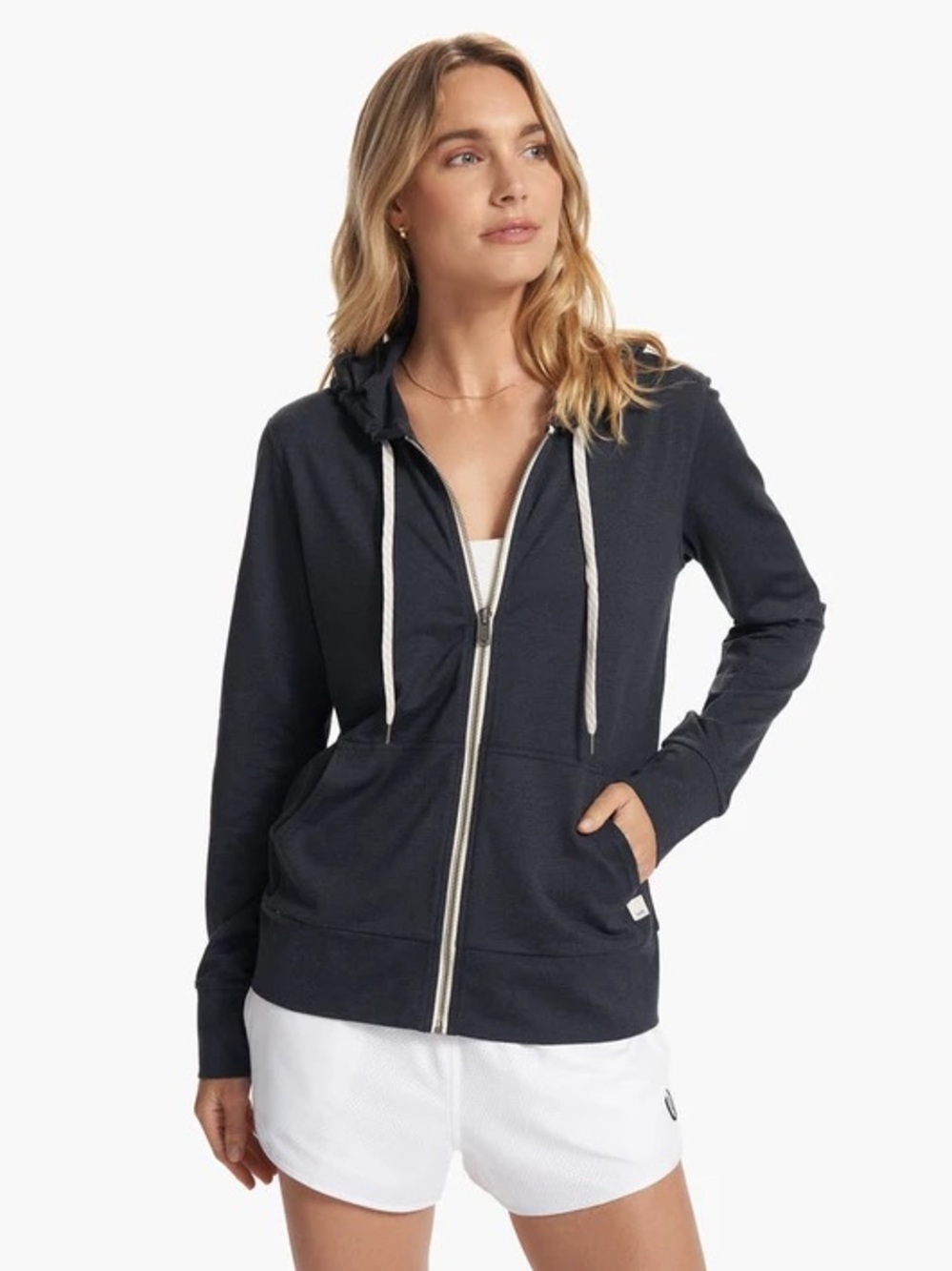 Vuori Navy Zip-Up Hoodie with Contrast Drawcords